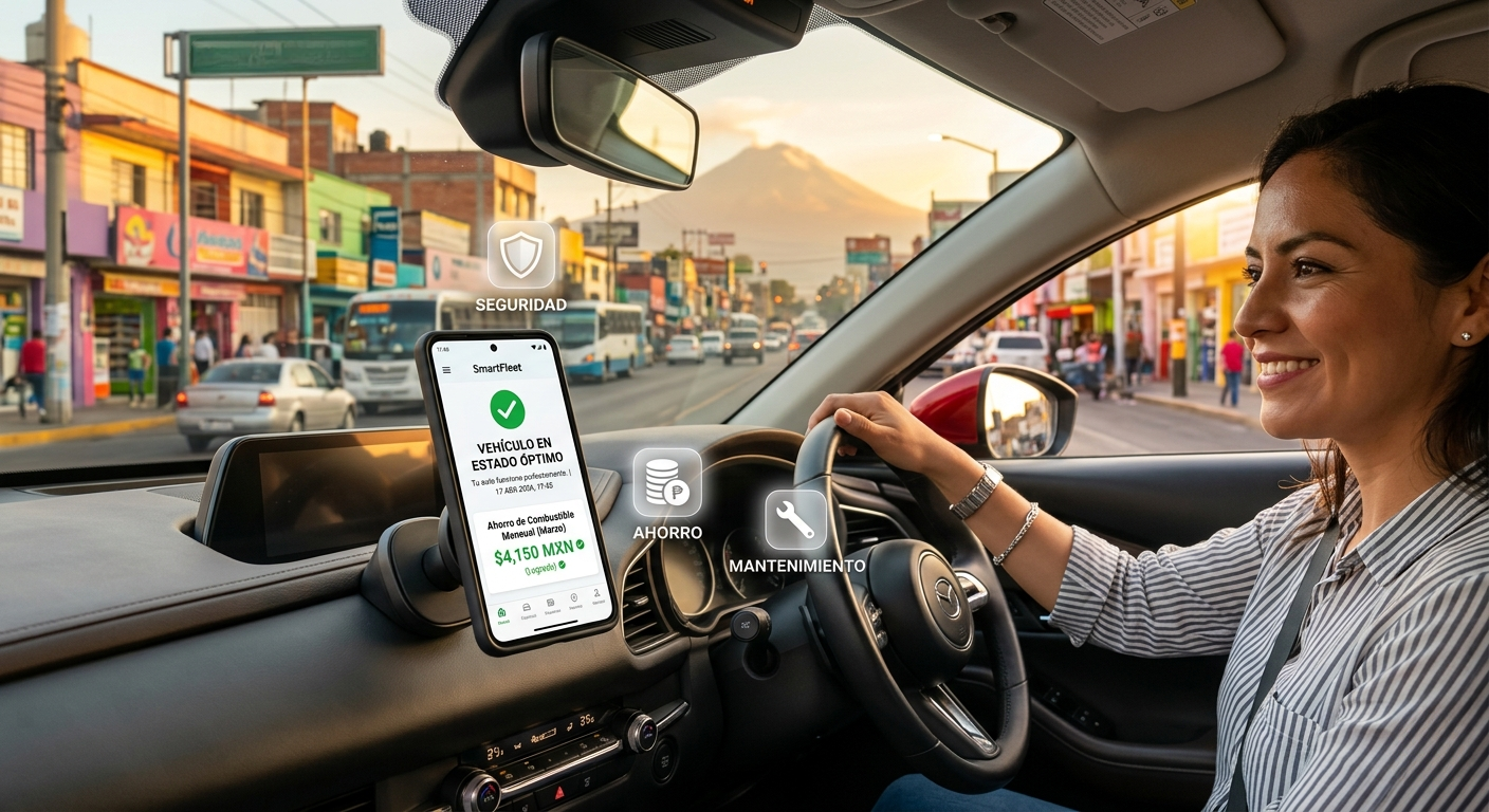 Aplicación SmartFleet ayudando a conductores de Uber y particulares a gestionar gastos y mantenimiento en México 2026.