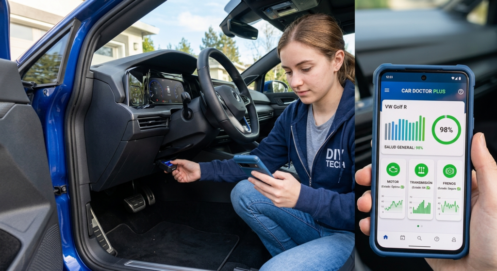 Usuario utilizando una plataforma para el cuidado automotriz y un escáner OBD2 para revisar su auto sin ir al taller en México.