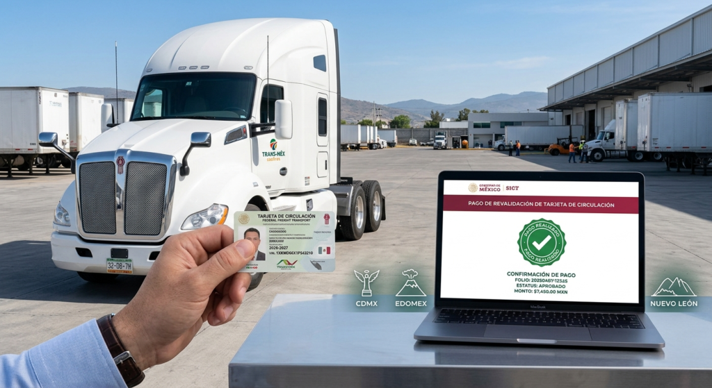 Pago de tenencia y refrendo vehicular 2026 para camiones de carga en México, mostrando tarjeta de circulación y comprobante de pago digital.