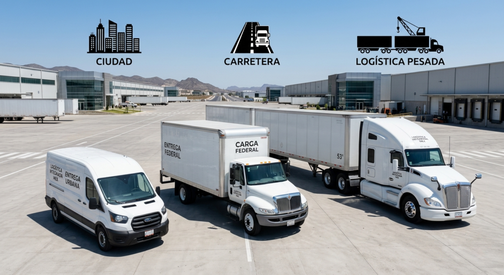 Comparativa de tipos de camiones de carga en México, incluyendo van de reparto, camión Torton y tractocamión para diferentes necesidades logísticas.