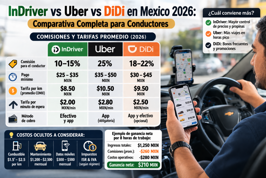 Comparativa de apps Uber, DiDi e inDrive de un auto en México, representando la mejor opción para conductores en 2026.