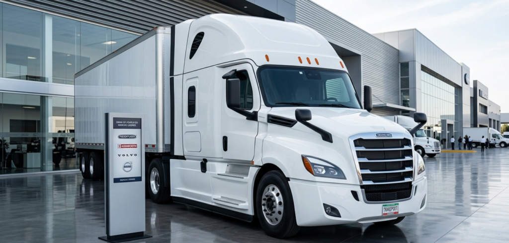 Camión de carga blanco y nuevo en una agencia moderna en México, con logotipos de marcas de camiones al fondo, para artículo sobre cómo elegir un camión de carga.