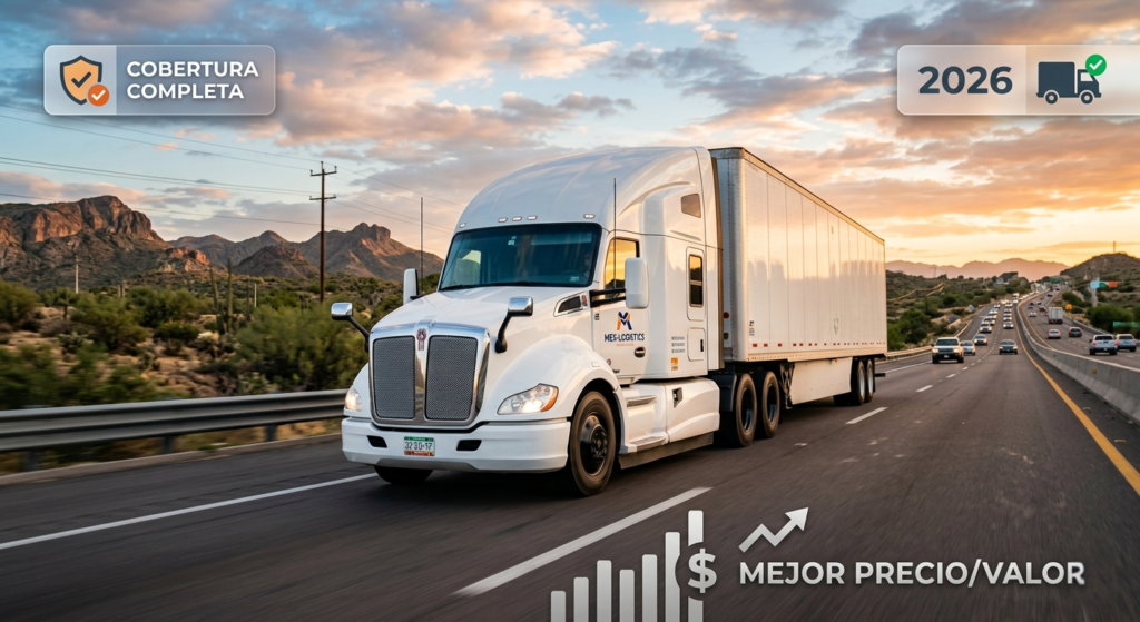Imagen de un camión de carga blanco transitando por una carretera moderna en México, con un gráfico superpuesto que dice 'SEGURO PARA CAMIÓN 2026' y iconos de seguridad y ahorro, para artículo sobre costos y coberturas.